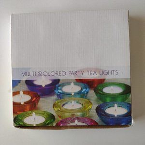 Holiday ready!  Colorful set 9 multi-colored tea candle glass holders.